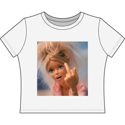 Sassy Doll Graphic Tee – Middle Finger Barbie Attitude Crop Top