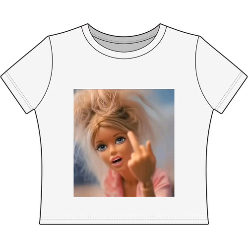 Sassy Doll Graphic Tee – Middle Finger Barbie Attitude Crop Top